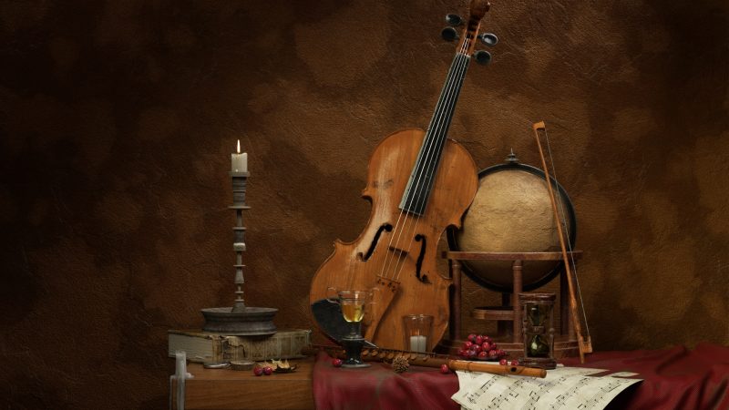 复古古典乐器静物场景 3D 模型（OC+FBX）免费下载-安主的3D模型库